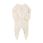 Cream ditsy flower zip baby sleepsuit with covered feet and a tab over the zip, laid flat