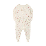 Cream ditsy flower zip baby sleepsuit with covered feet and a tab over the zip, laid flat
