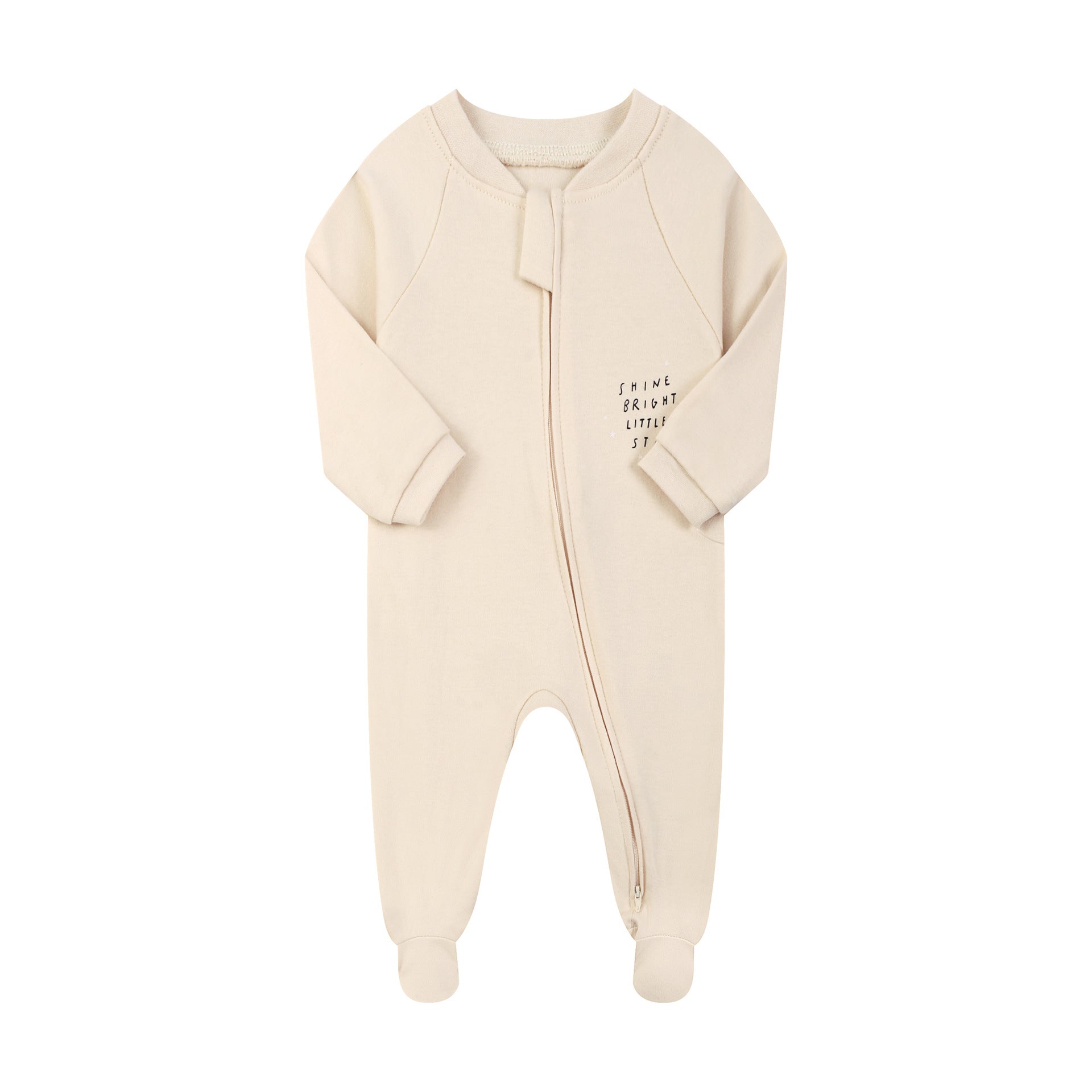 Cream little star zip baby sleepsuit with covered feet and a tab over the zip, laid flat