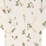 Close-up of the cream wild strawberry print, the cotton jersey and the zip