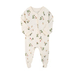 Cream wild strawberry zip baby sleepsuit with covered feet and a tab over the zip, laid flat