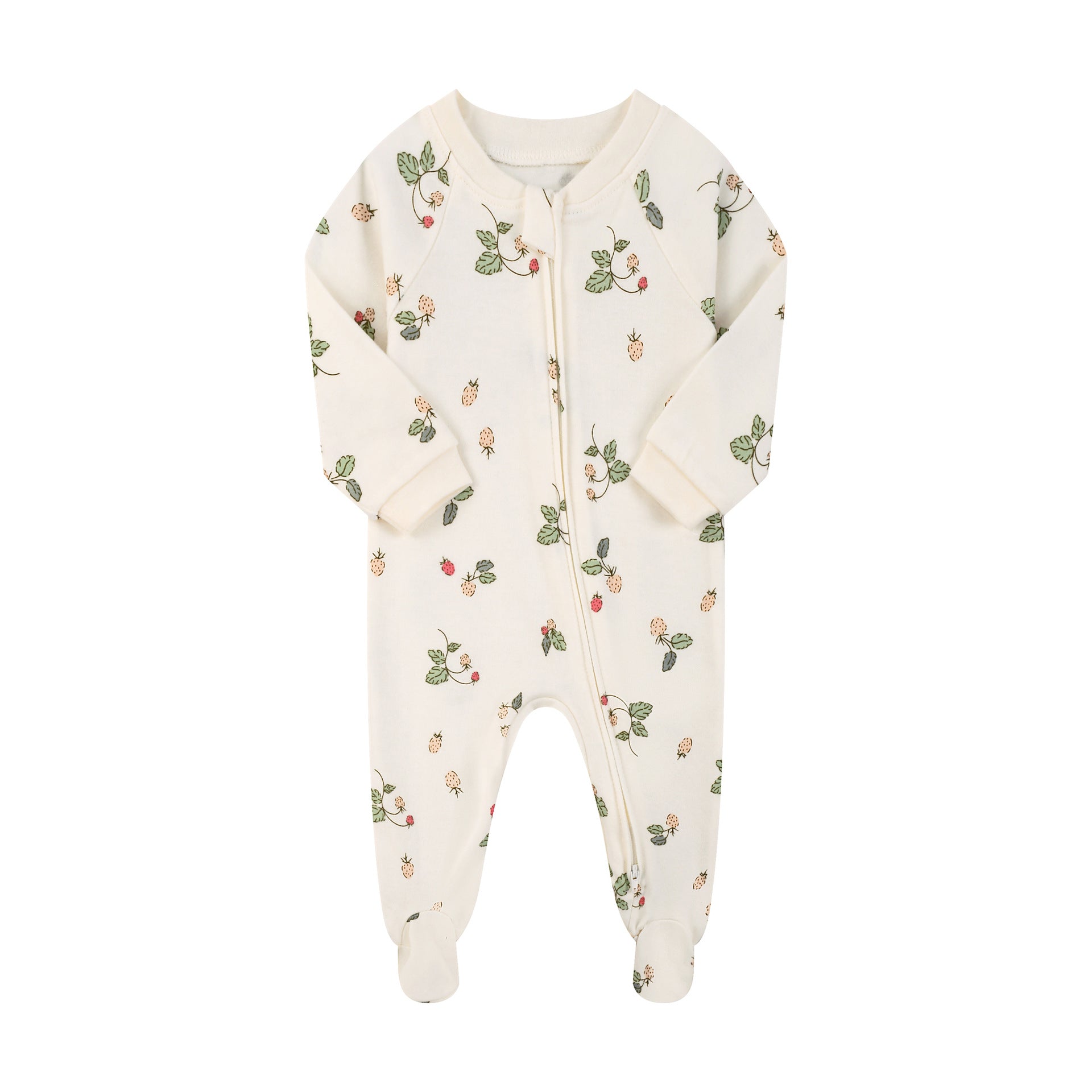 Cream wild strawberry zip baby sleepsuit with covered feet and a tab over the zip, laid flat