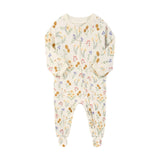 Cream wildflower zip baby sleepsuit with covered feet and a tab over the zip, laid flat