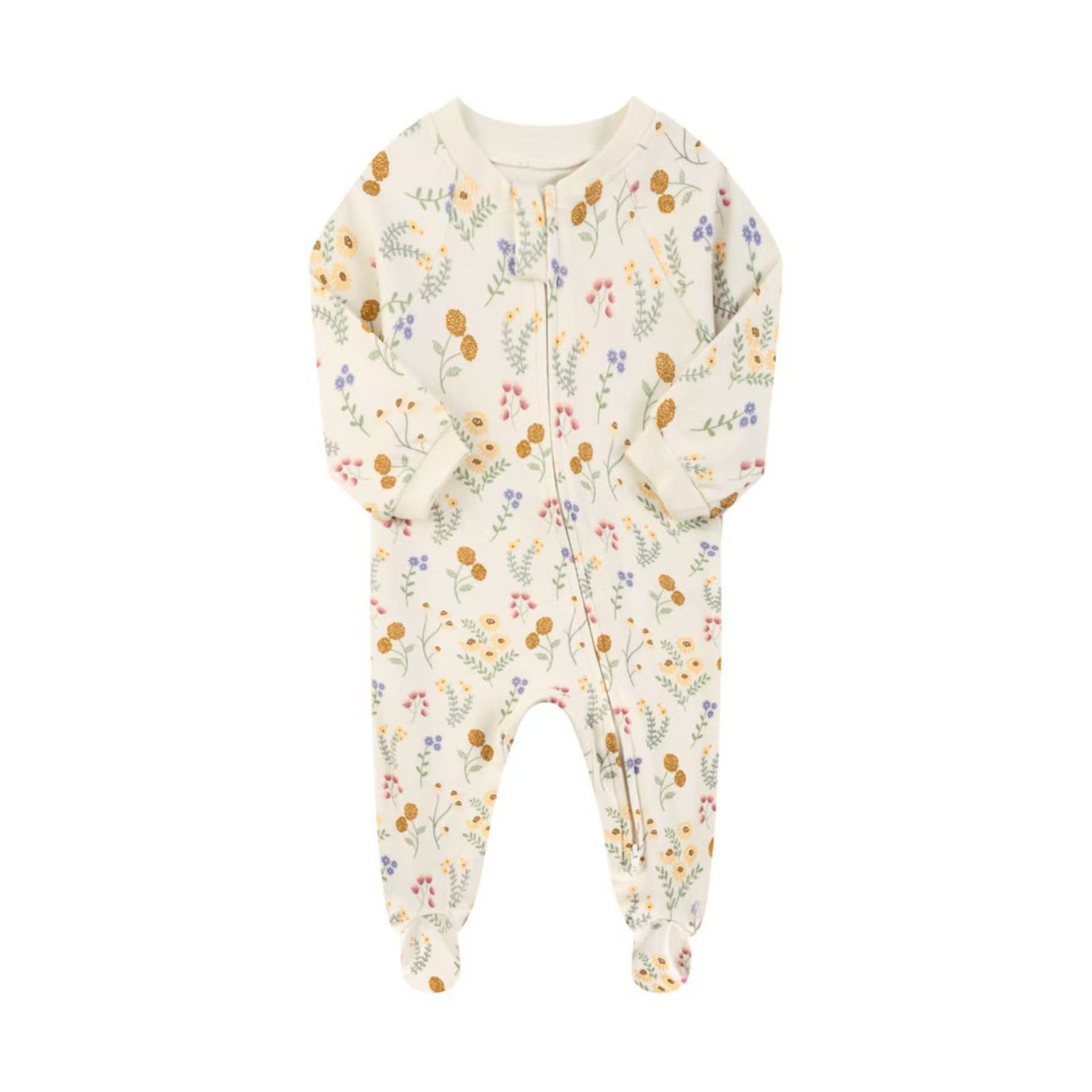 Cotton Zip Baby Jumpsuit with Feet – Cream Wildflower