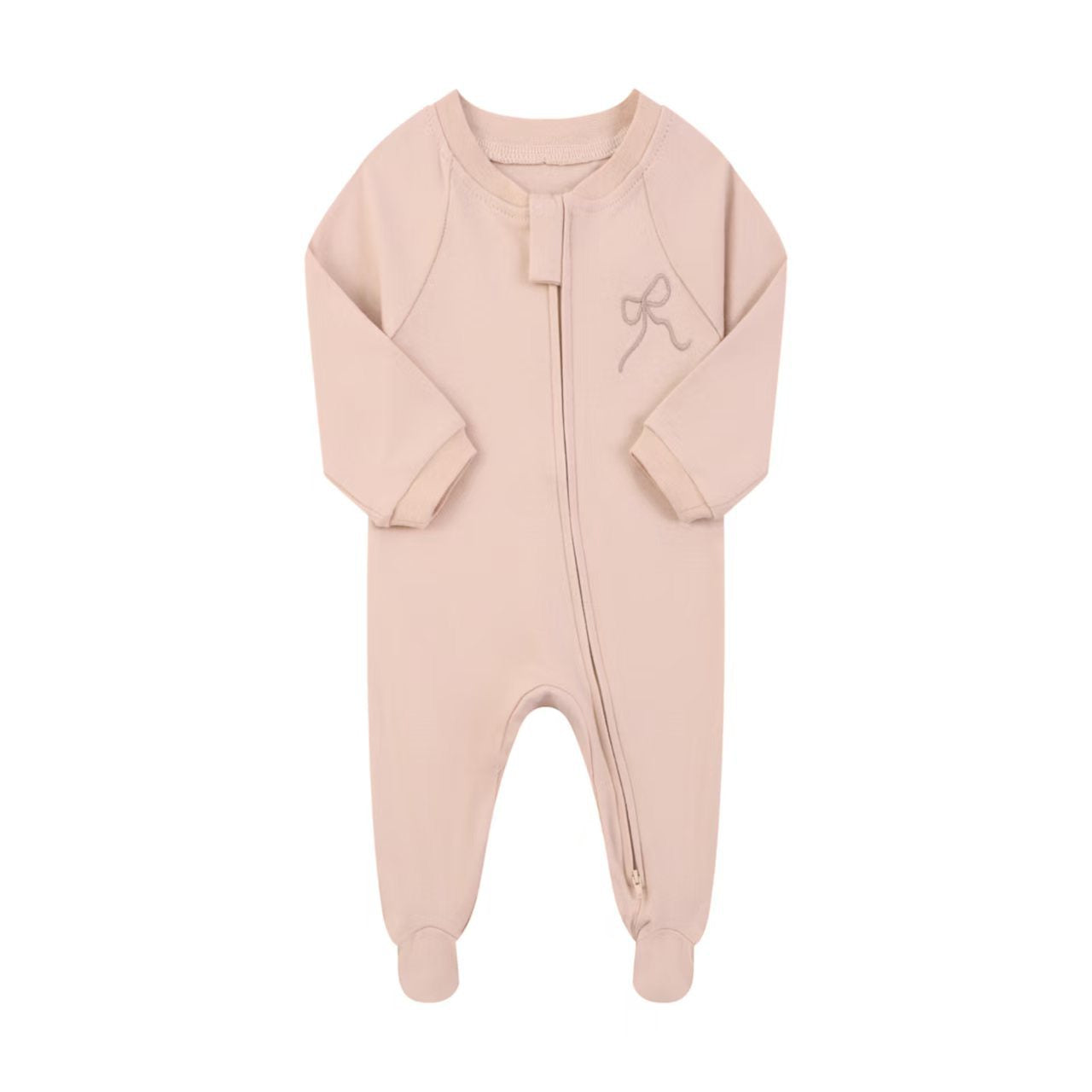 Dusty pink embroidered bow zip baby sleepsuit with covered feet and a tab over the zip, laid flat