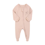 Dusty pink embroidered bow zip baby sleepsuit with covered feet and a tab over the zip, laid flat