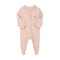Dusty pink embroidered bow zip baby sleepsuit with covered feet and a tab over the zip, laid flat