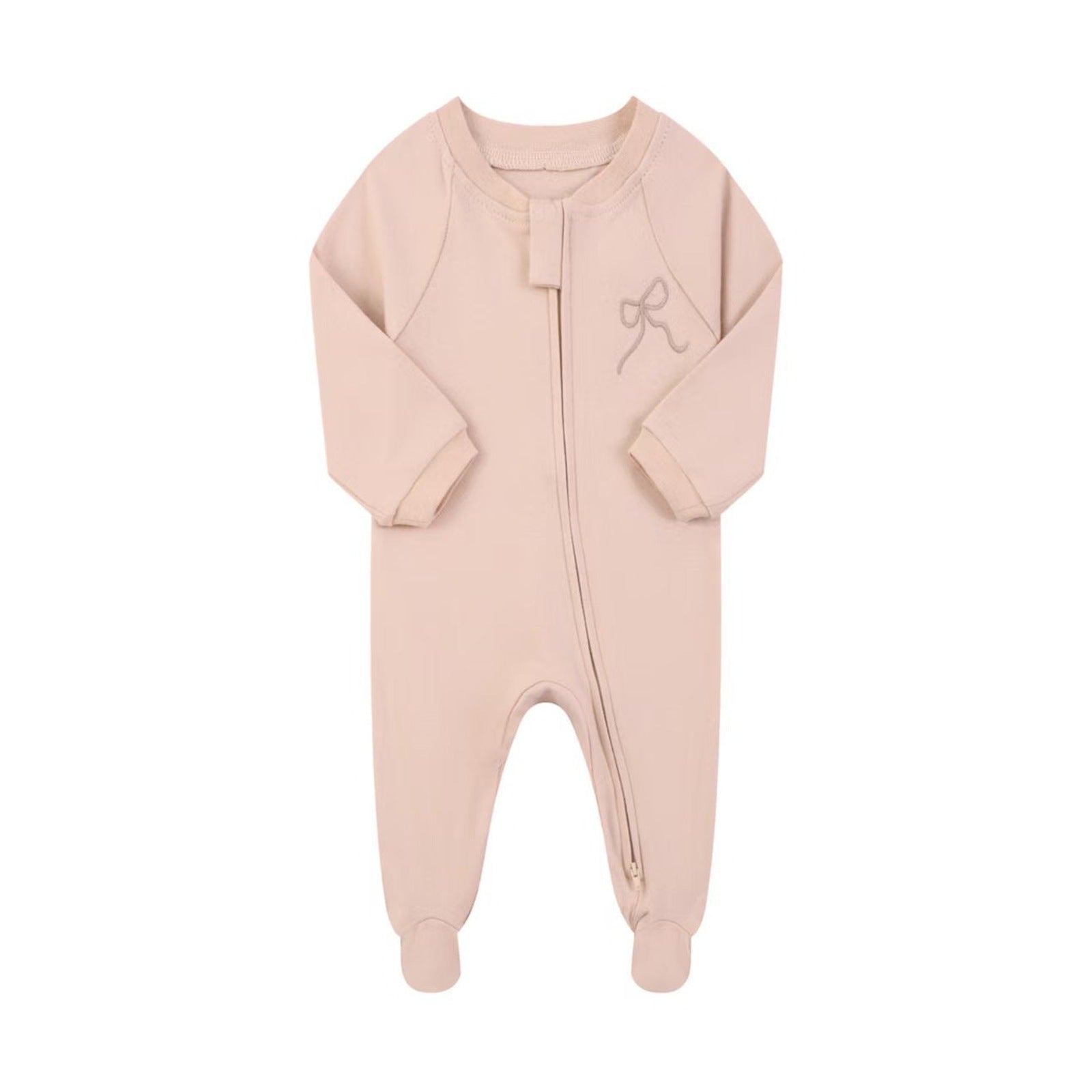 Cotton Zip Baby Jumpsuit with Feet – Dusty Pink Embroidered Bow