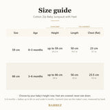 Size guide for 0 to 6 months: baby's height, garment length and chest