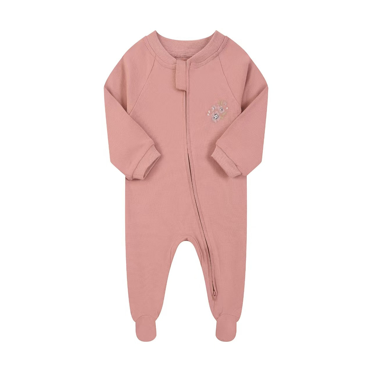 Dusty rose flower zip baby sleepsuit with covered feet and a tab over the zip, laid flat