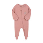 Dusty rose flower zip baby sleepsuit with covered feet and a tab over the zip, laid flat