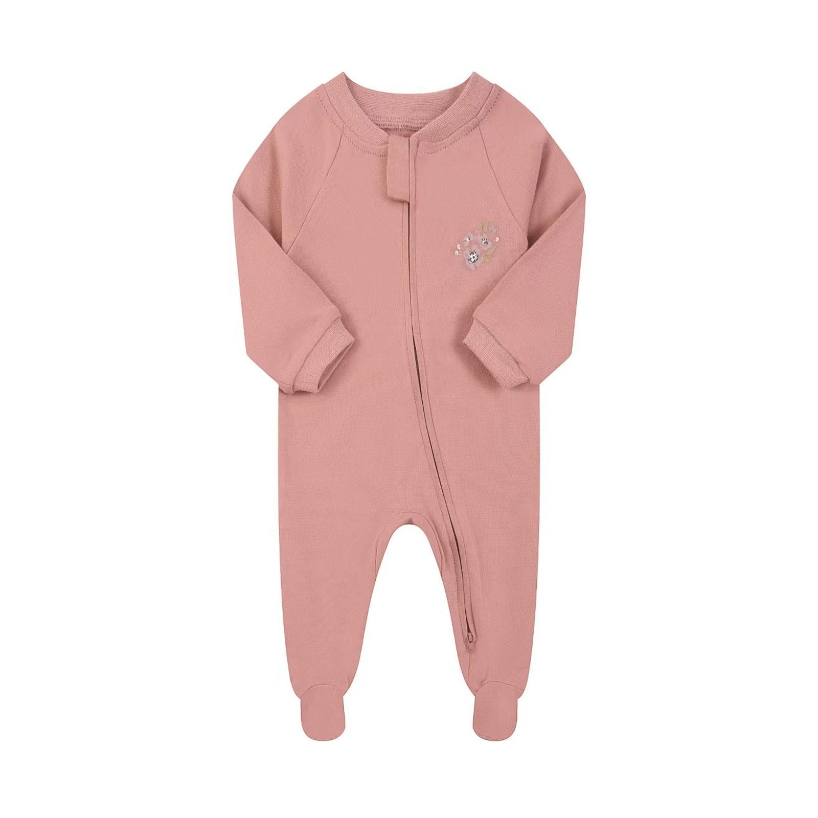 Cotton Zip Baby Jumpsuit with Feet – Dusty Rose Flower