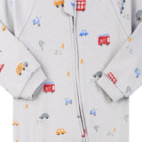 Close-up of the grey london bus print, the cotton jersey and the zip