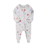 Grey london bus zip baby sleepsuit with covered feet and a tab over the zip, laid flat