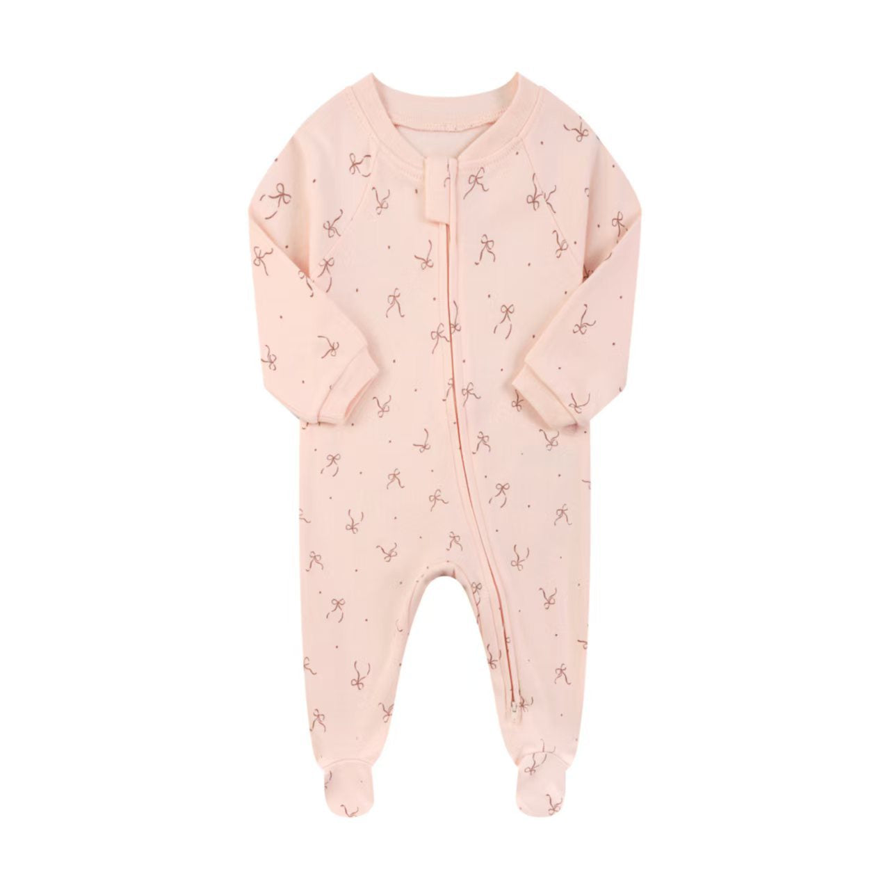 Pink bow zip baby sleepsuit with covered feet and a tab over the zip, laid flat