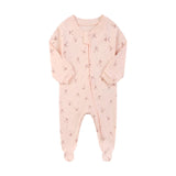 Pink bow zip baby sleepsuit with covered feet and a tab over the zip, laid flat