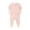 Pink bow zip baby sleepsuit with covered feet and a tab over the zip, laid flat