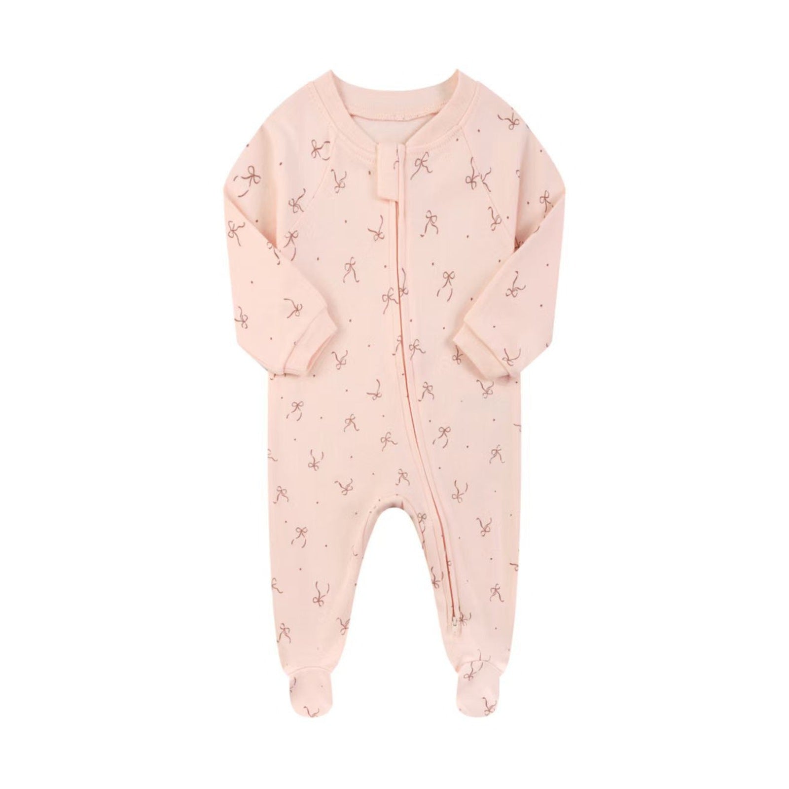 Cotton Zip Baby Jumpsuit with Feet – Pink Bow