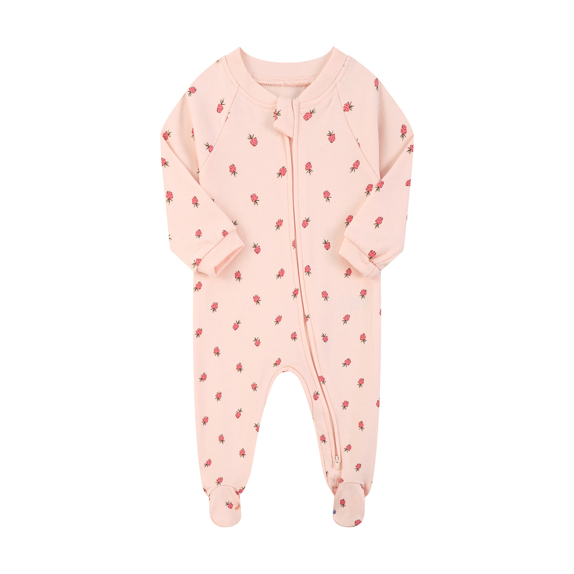 Pink strawberry zip baby sleepsuit with covered feet and a tab over the zip, laid flat