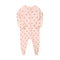 Pink strawberry zip baby sleepsuit with covered feet and a tab over the zip, laid flat