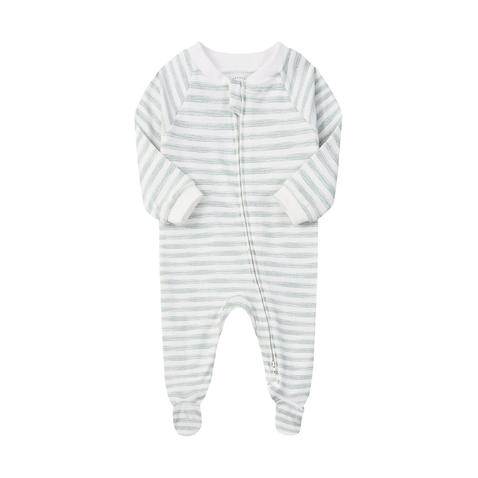 Cotton Zip Baby Jumpsuit with Feet – Sage Stripe