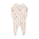 White garden flower zip baby sleepsuit with covered feet and a tab over the zip, laid flat