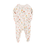 White garden flower zip baby sleepsuit with covered feet and a tab over the zip, laid flat
