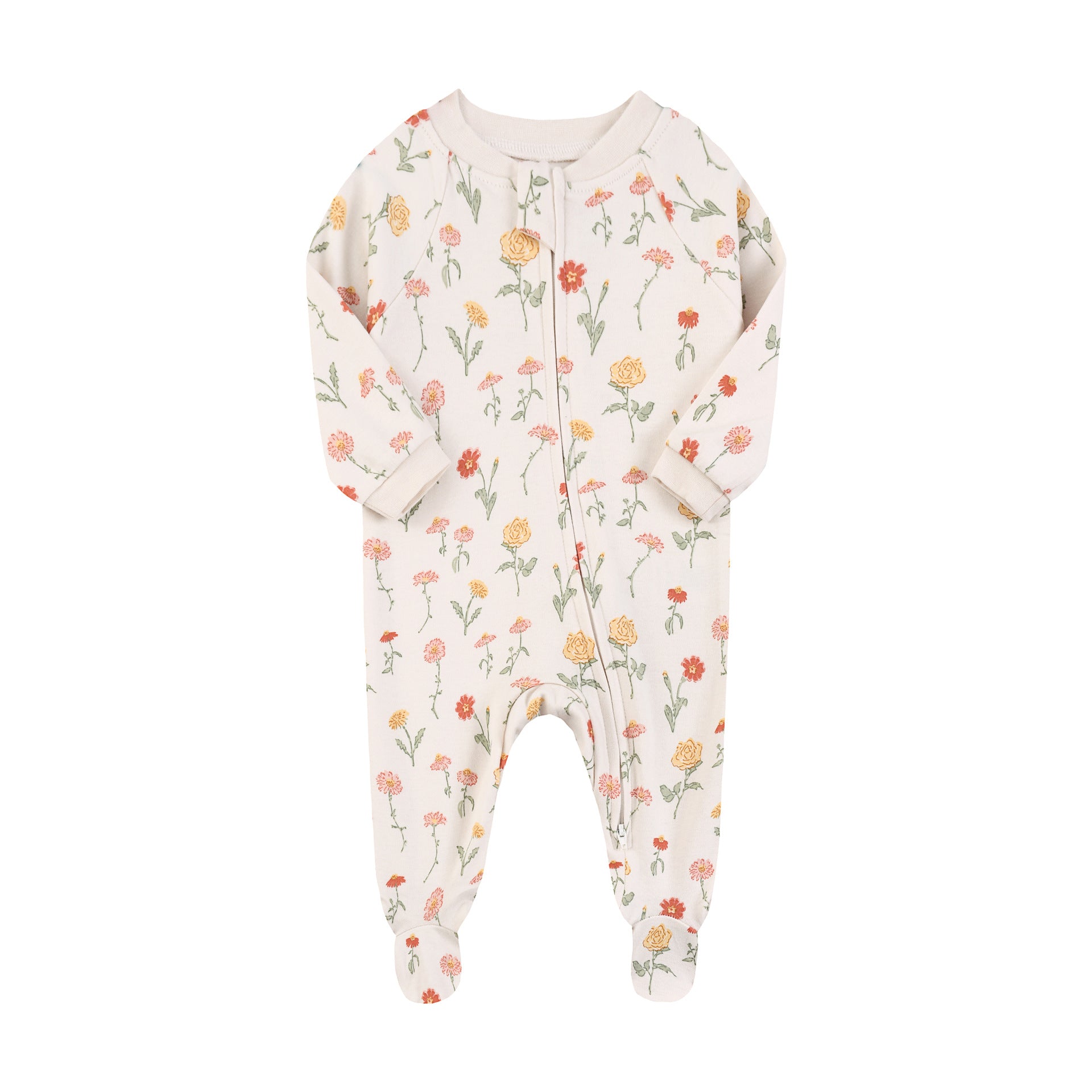 White garden flower zip baby sleepsuit with covered feet and a tab over the zip, laid flat