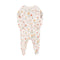 White garden flower zip baby sleepsuit with covered feet and a tab over the zip, laid flat