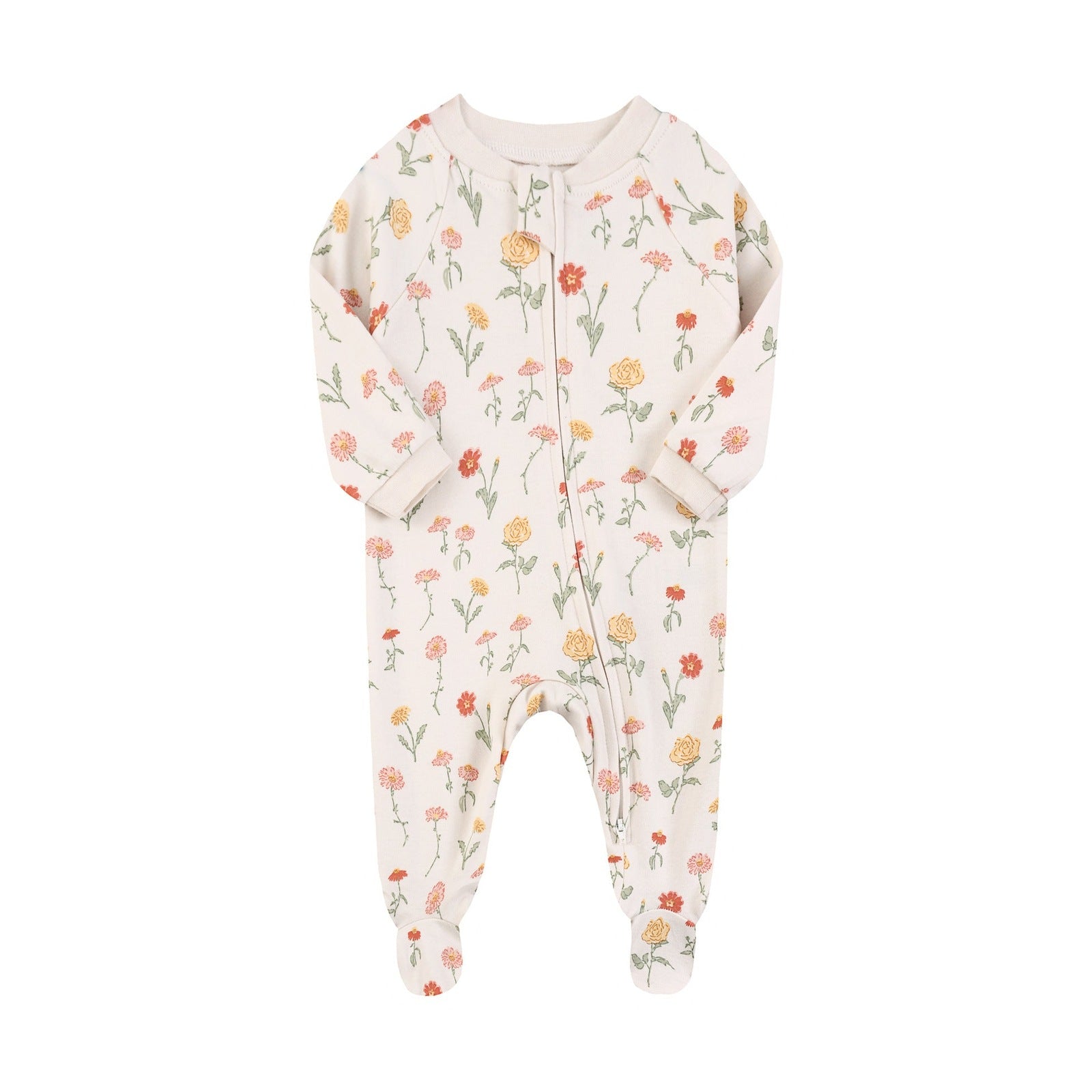 Cotton Zip Baby Jumpsuit with Feet – White Garden Flower