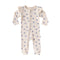 Cream Bows baby romper with frilled shoulders and a two-way zip from the neck down one leg, laid flat, front view