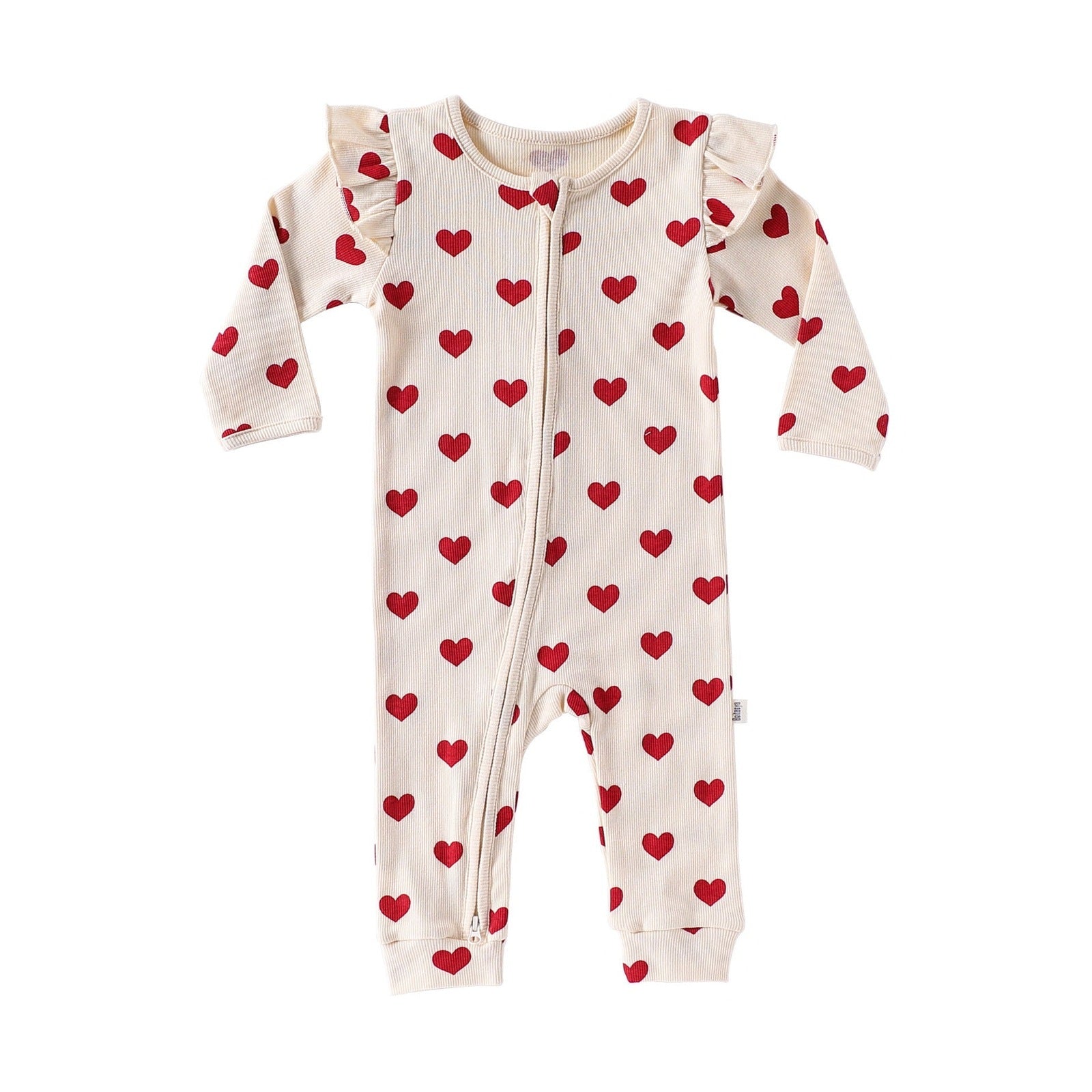 Frill Shoulder Two-Way Zip Baby Jumpsuit – Cream Hearts