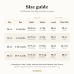 Size guide for sizes 66 to 90 cm: baby's height and weight, garment length and chest