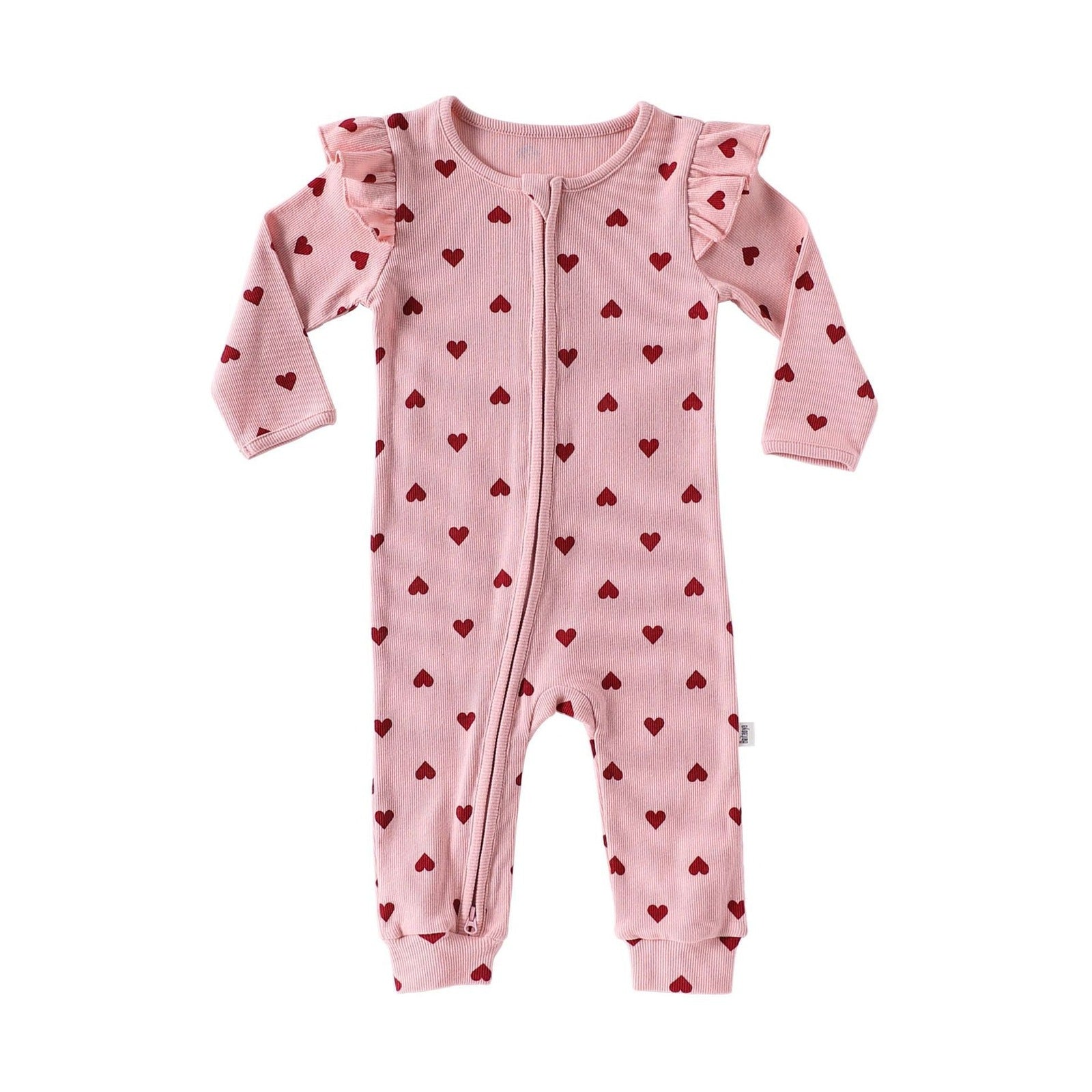 Frill Shoulder Two-Way Zip Baby Jumpsuit – Pink Hearts