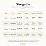 Size guide for sizes 66 to 90 cm: baby's height and weight, garment length and chest