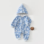 Blue speech bubble hooded baby romper with a zip, laid flat, front view