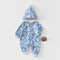 Blue speech bubble hooded baby romper with a zip, laid flat, front view