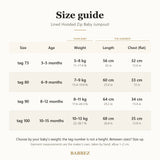 Size guide by age and weight: tag size, garment length and chest