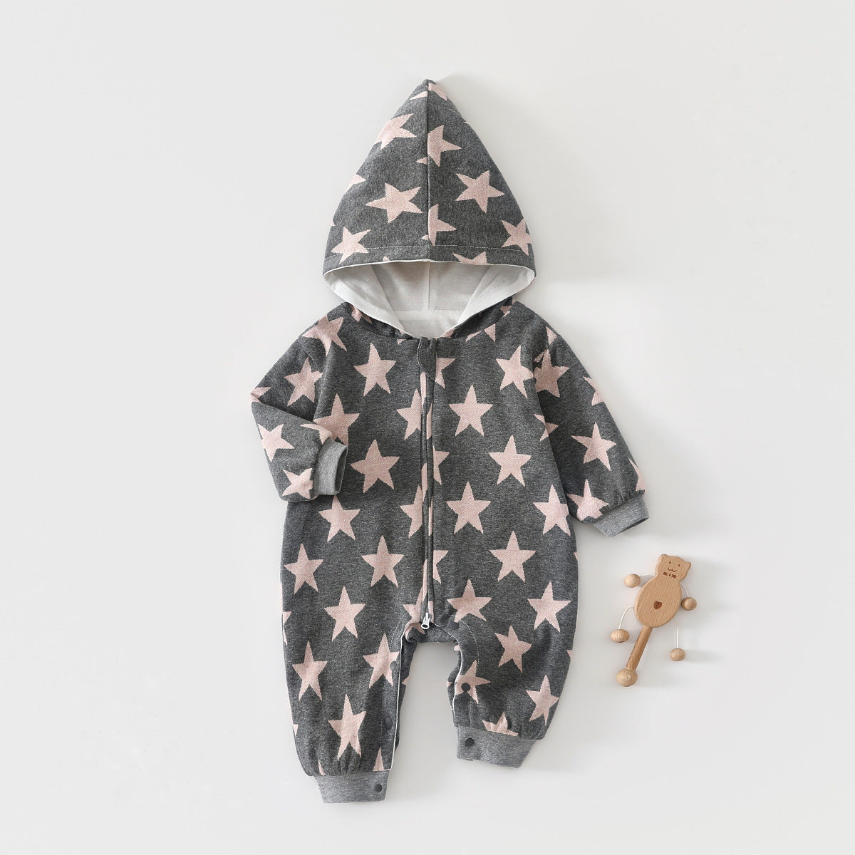 Lined Hooded Zip Baby Jumpsuit – Grey Star