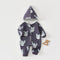 Slate purple bulldog hooded baby romper with a zip, laid flat, front view