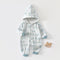 Pale grey hello hooded baby romper with a zip, laid flat, front view