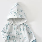 Close-up of the pale grey hello romper's lined pointed hood and the top of the zip