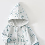 Close-up of the pale grey hello romper's lined pointed hood and the top of the zip