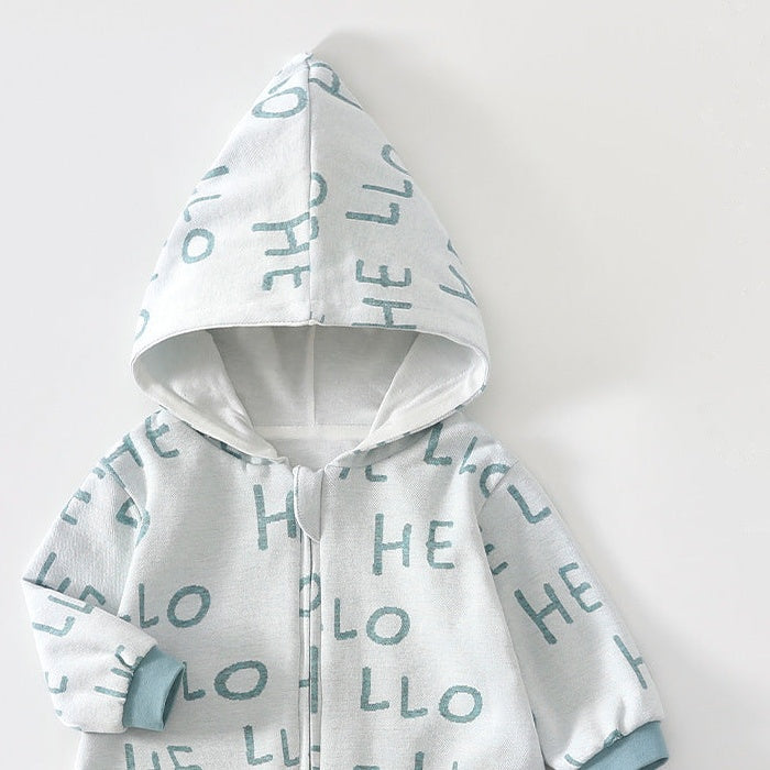 Close-up of the pale grey hello romper's lined pointed hood and the top of the zip