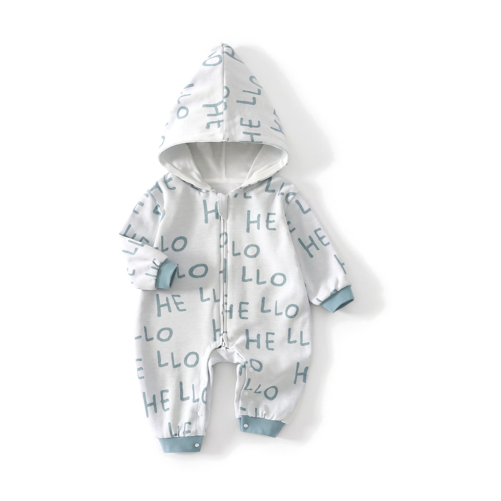 Lined Hooded Zip Baby Jumpsuit – Pale Grey Hello