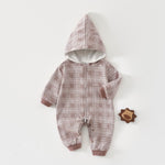 Rose check hooded baby romper with a zip, laid flat, front view