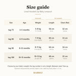 Size guide by age and weight: tag size, garment length and chest
