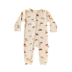 Cream Croissant ribbed baby romper with a two-way zip from the neck down one leg, laid flat, front view