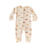 Cream Croissant ribbed baby romper with a two-way zip from the neck down one leg, laid flat, front view