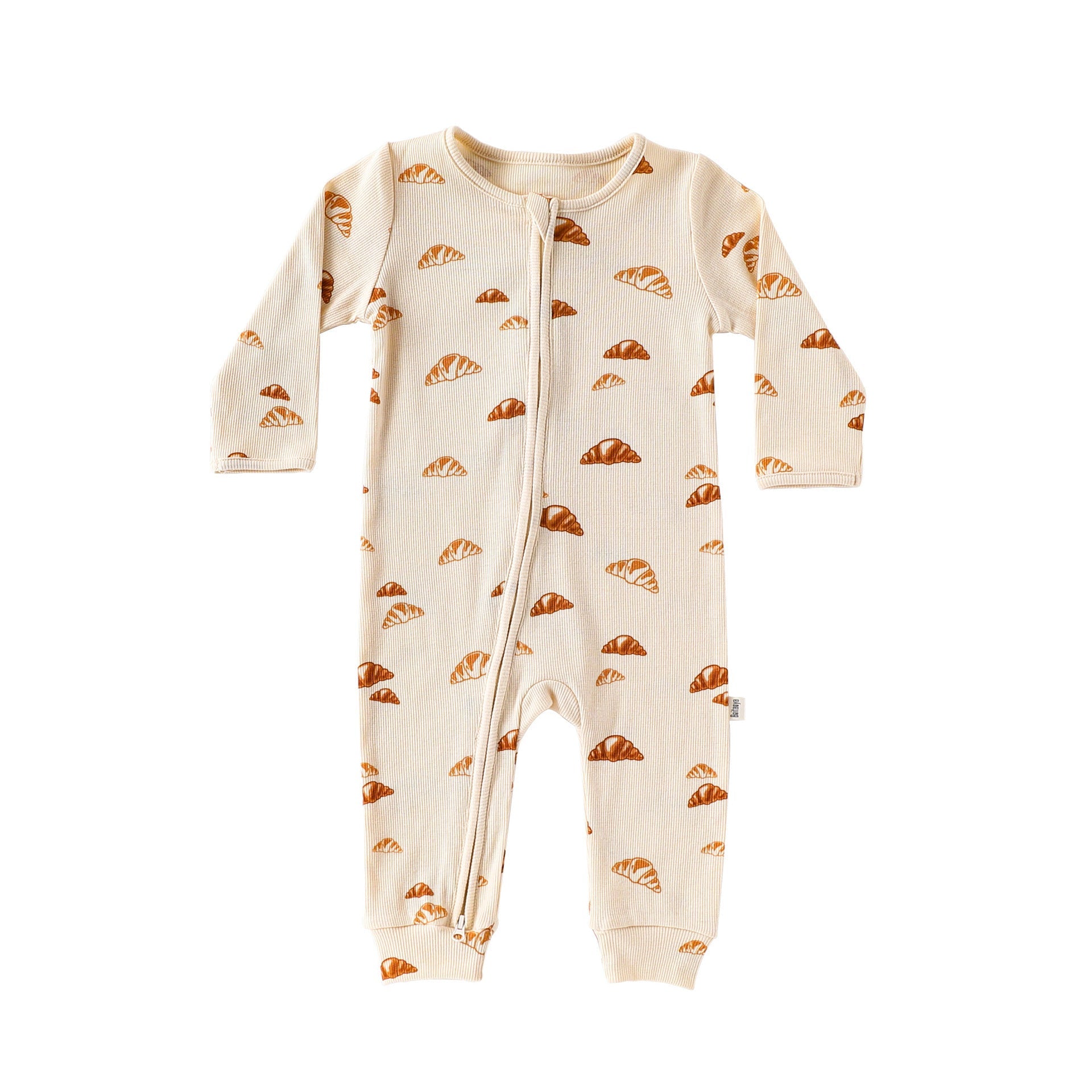 Cream Croissant ribbed baby romper with a two-way zip from the neck down one leg, laid flat, front view